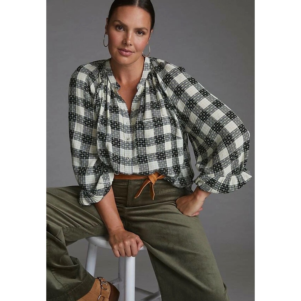Pilcro Anthropologie Plaid Peasant Blouse Small Textured‎ Boho Cottage Top
